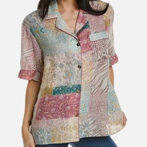 Johnny Was Marseille Garden Resort Shirt Mix Print Collar Button Up Blouse Sz M